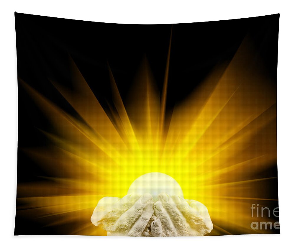 Spiritual Tapestry featuring the photograph Spiritual light in cupped hands by Simon Bratt