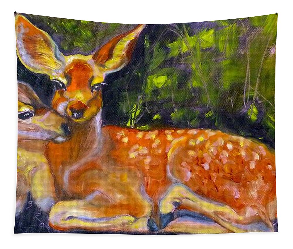 Fawn Tapestry featuring the painting Spring Twins 2 by Susan A Becker