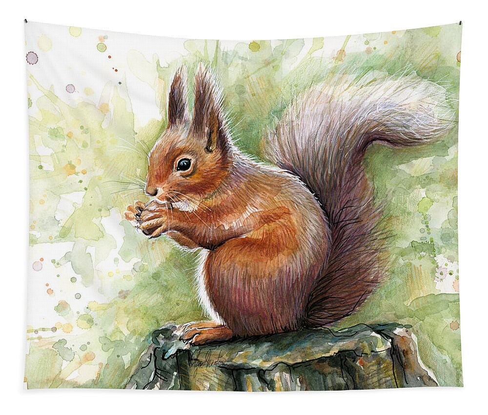Squirrel Tapestry featuring the painting Squirrel Watercolor Art by Olga Shvartsur