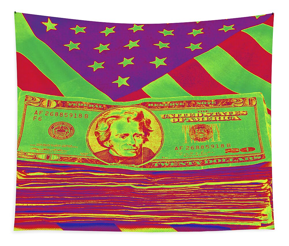 Flag Tapestry featuring the photograph Stack of Money On American Flag Pop Art by Keith Webber Jr
