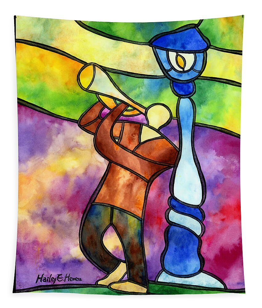 Jazz Tapestry featuring the painting Stained Glass Jazzman by Hailey E Herrera