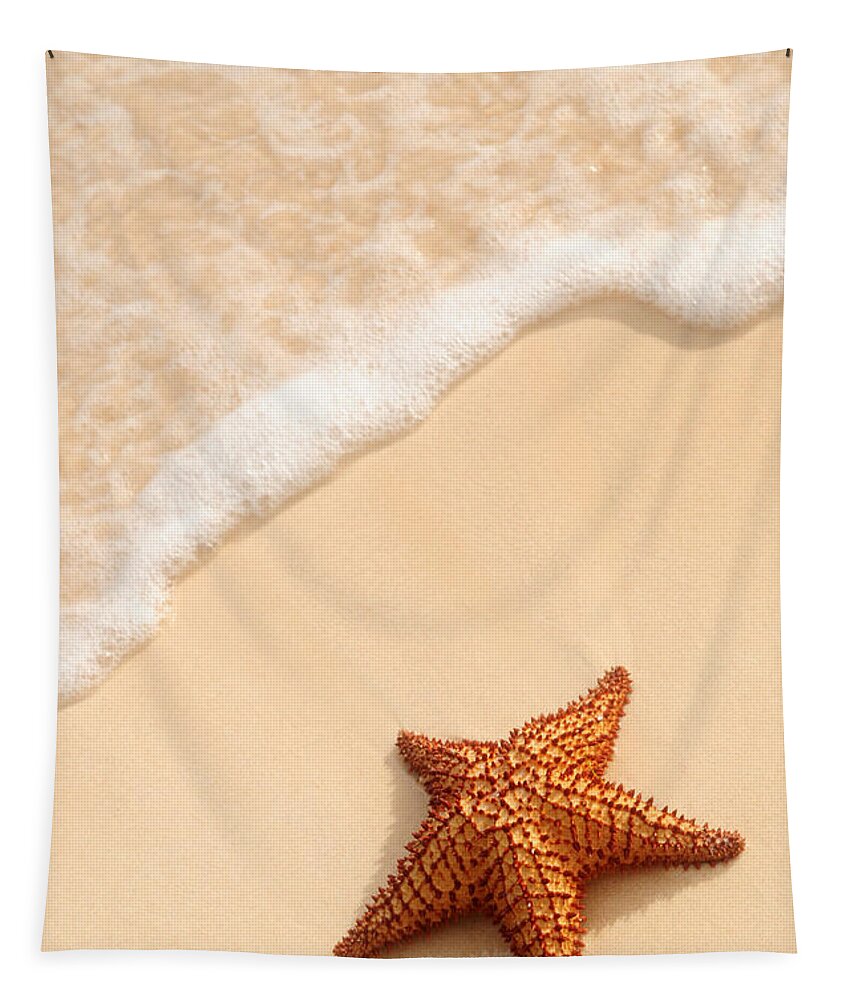 Starfish Tapestry featuring the photograph Starfish and ocean wave by Elena Elisseeva