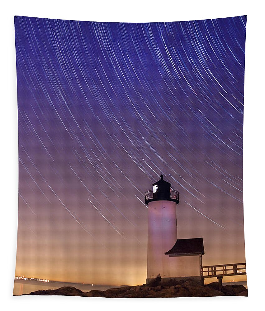 Annisquam Lighthouse Massachusetts Tapestry featuring the photograph Stars trailing over Lighthouse by Jeff Folger