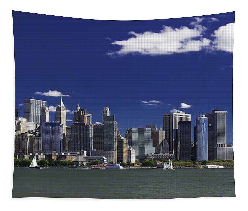 New York Skyline Tapestry featuring the photograph Statue of Liberty Ferry 1 by Jatin Thakkar