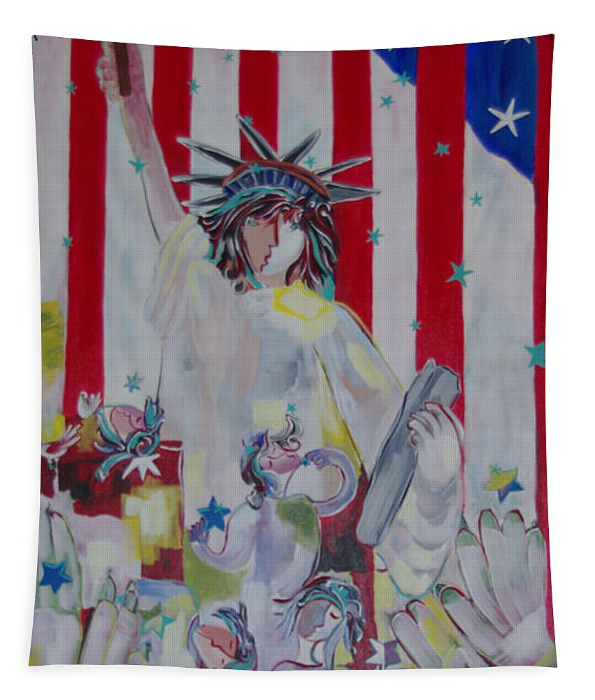 Statue Of Liberty Tapestry featuring the painting Statue of Liberty/ reaching for freedom by Sima Amid Wewetzer