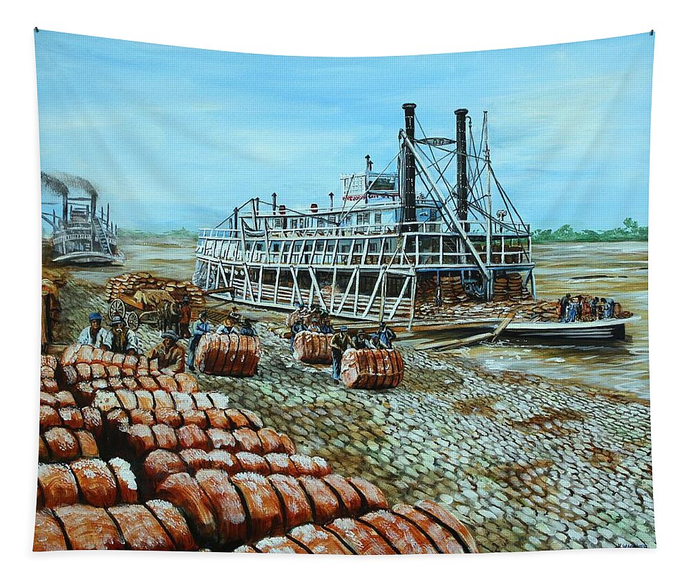 Steamboats Tapestry featuring the painting Steamboat Unloading Cotton in Memphis by Karl Wagner