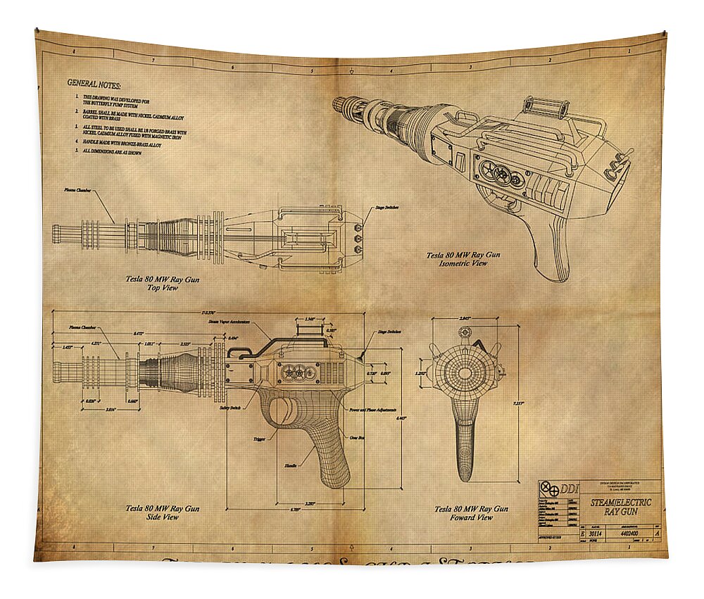 Steampunk; Gears; Housing; Cogs; Machinery; Lathe; Columns; Brass; Copper; Gold; Ratio; Rotation; Elegant; Forge; Industry; Plasma Tapestry featuring the painting Steampunk Raygun by James Hill