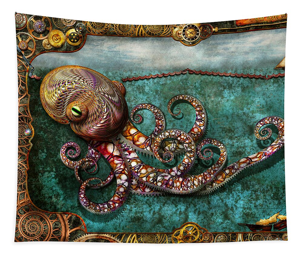 Self Tapestry featuring the digital art Steampunk - The tale of the Kraken by Mike Savad