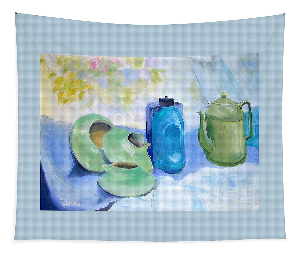 Greta Corens Tapestry featuring the painting Oil Painting Still Life Study of Blue and Green Pottery by Greta Corens