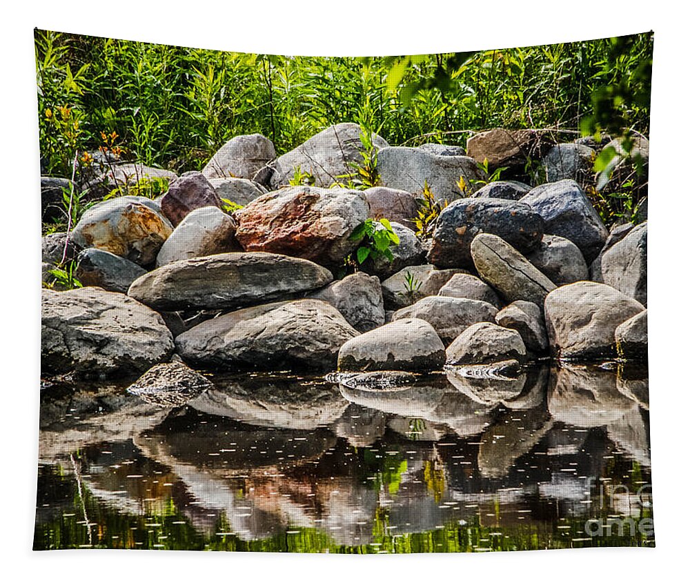 Eaton Rapids Tapestry featuring the photograph Stone Pile Reflection by Grace Grogan