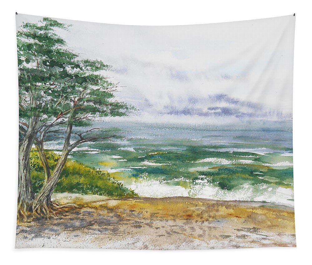 Seascape Tapestry featuring the painting Stormy Morning At Carmel By The Sea California by Irina Sztukowski