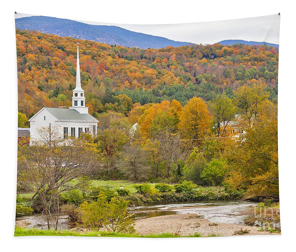 Stowe Tapestry featuring the photograph Stowe Vermont community church and Little River by Ken Brown
