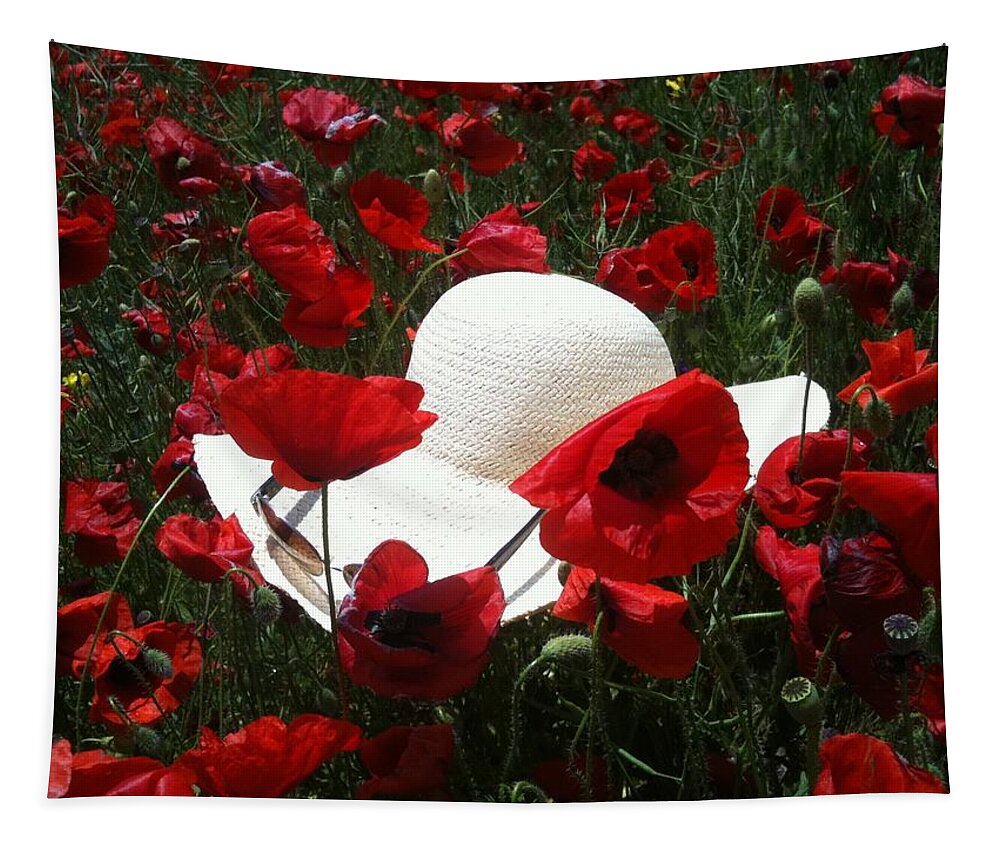 Straw Hat In Red Poppies Field Tapestry featuring the painting Straw Hat and Red Poppies by Georgeta Blanaru