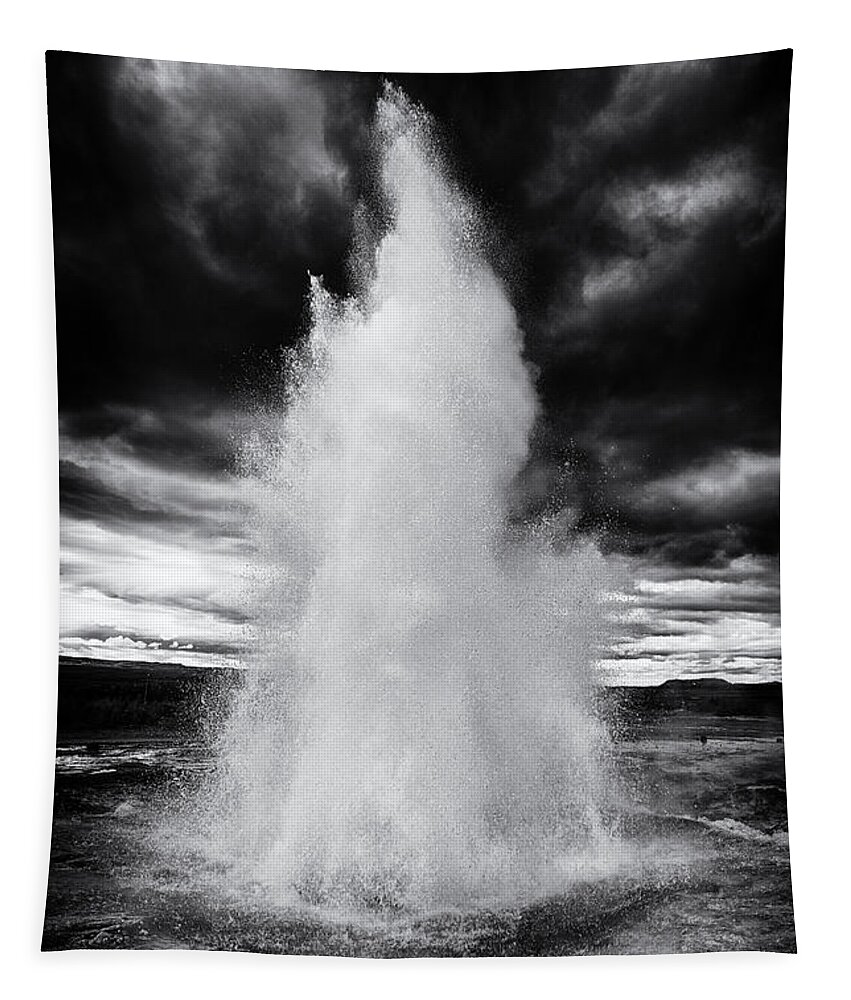 Strokkur Tapestry featuring the photograph Strokkur geyser Iceland black and white by Matthias Hauser