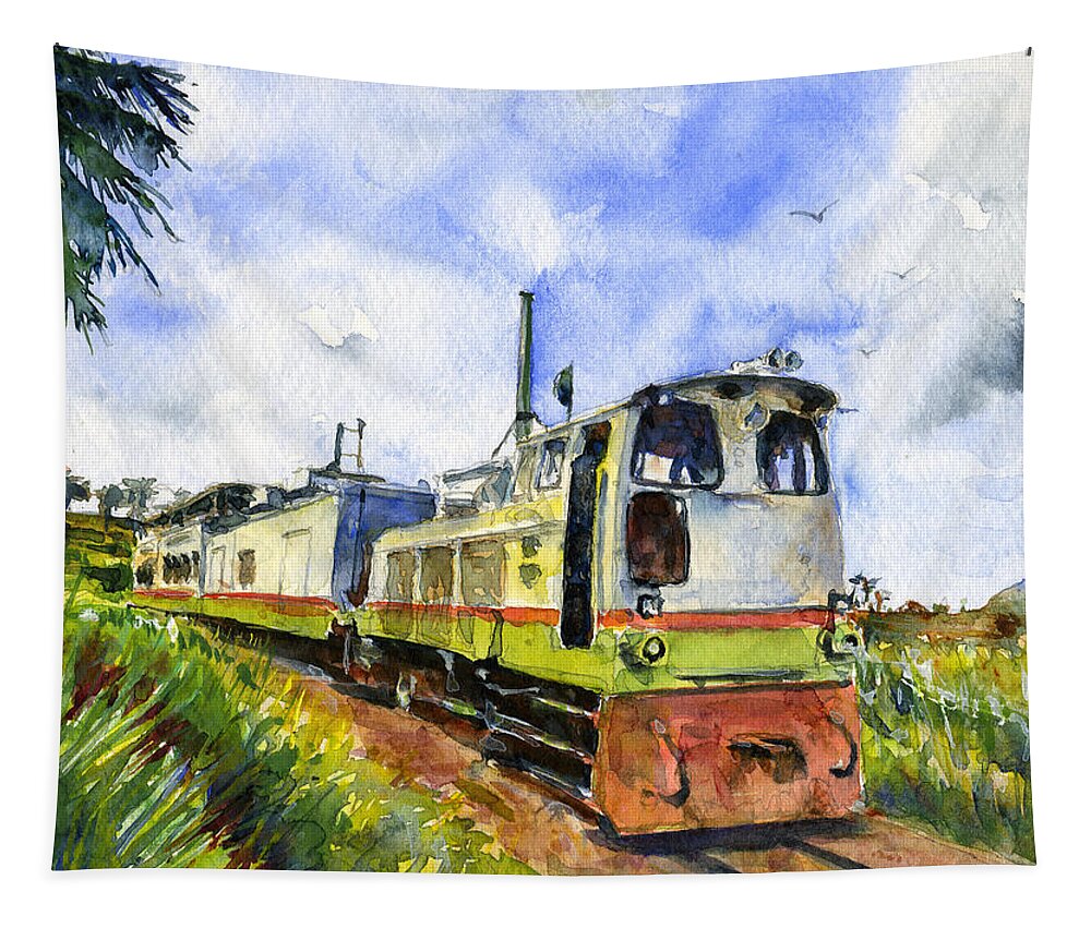 Train Tapestry featuring the painting Sugar Train Saint Kitts by John D Benson