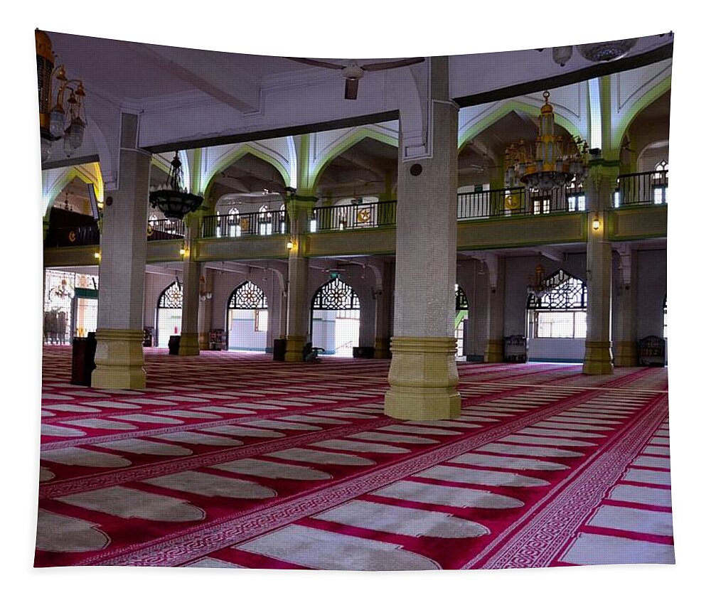 Singapore Tapestry featuring the photograph Sultan mosque Interior carpet and chandeliers Singapore by Imran Ahmed