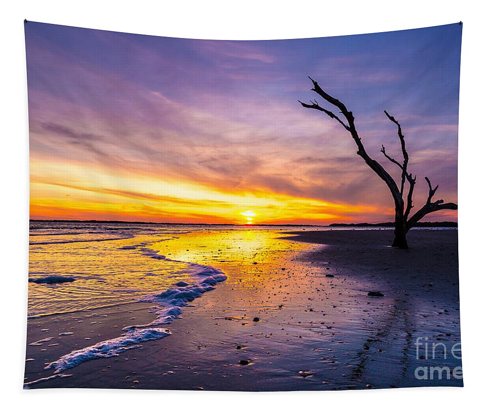 Charleston Sunset Tapestry featuring the photograph Sun drops behind Bird Key - Folly Beach SC by Donnie Whitaker