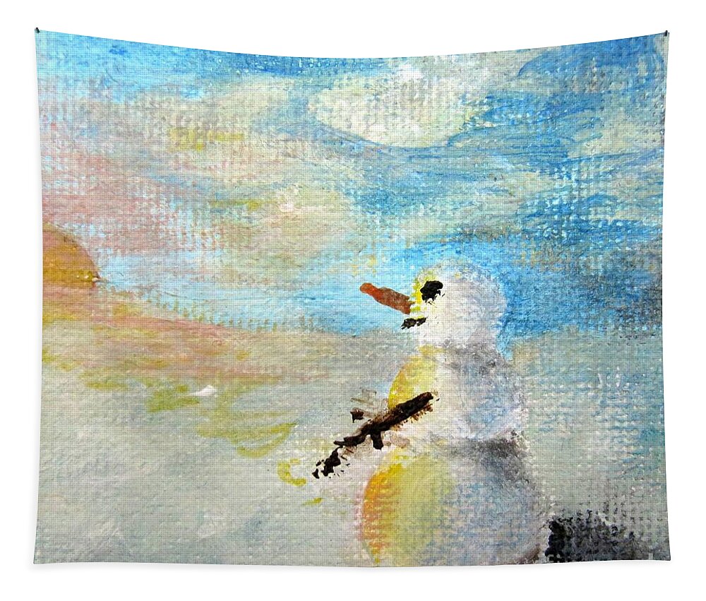 Snow Tapestry featuring the painting Sundown Snowman by Laurie Morgan