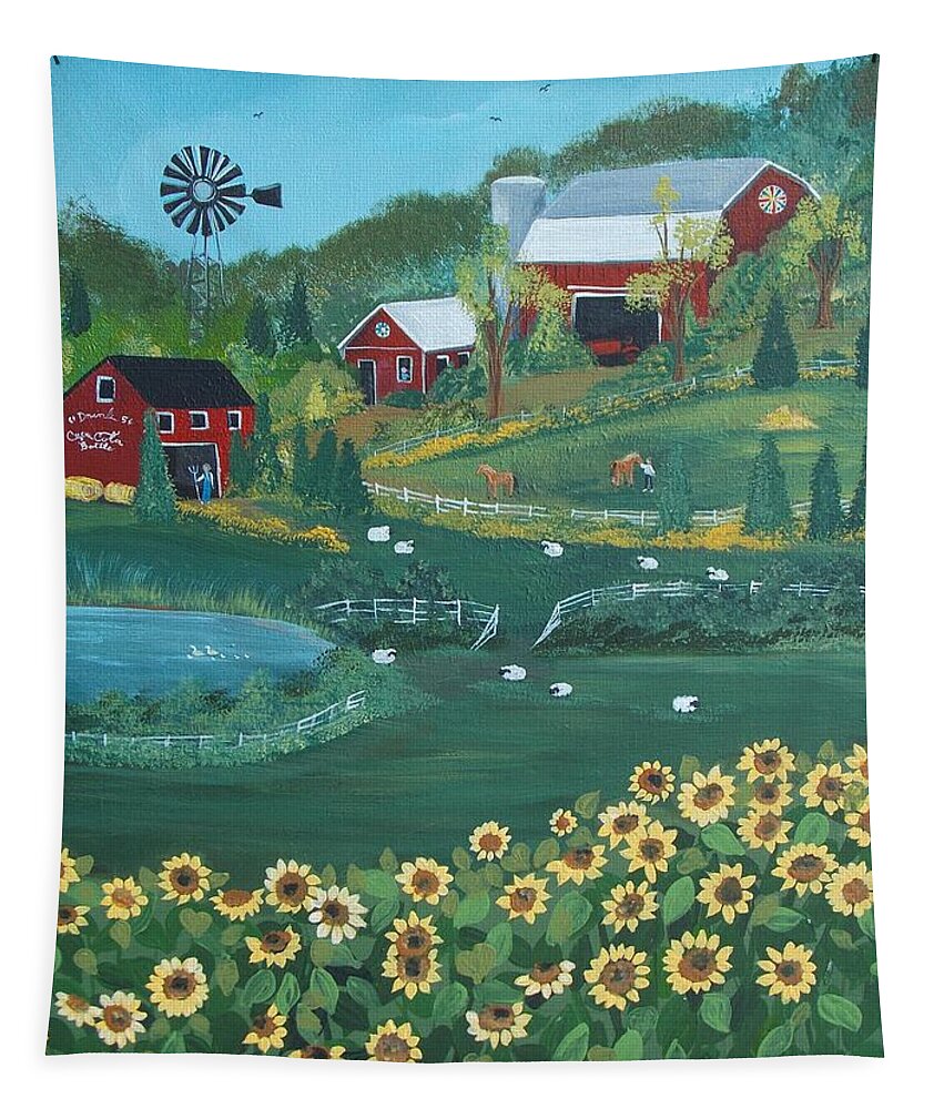 Landscape Tapestry featuring the painting Sunflower Farm by Virginia Coyle