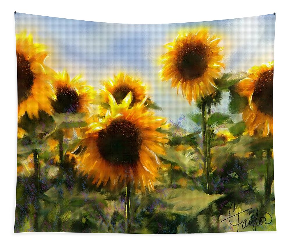 Sunflowers Tapestry featuring the painting Sunny-Side Up by Colleen Taylor