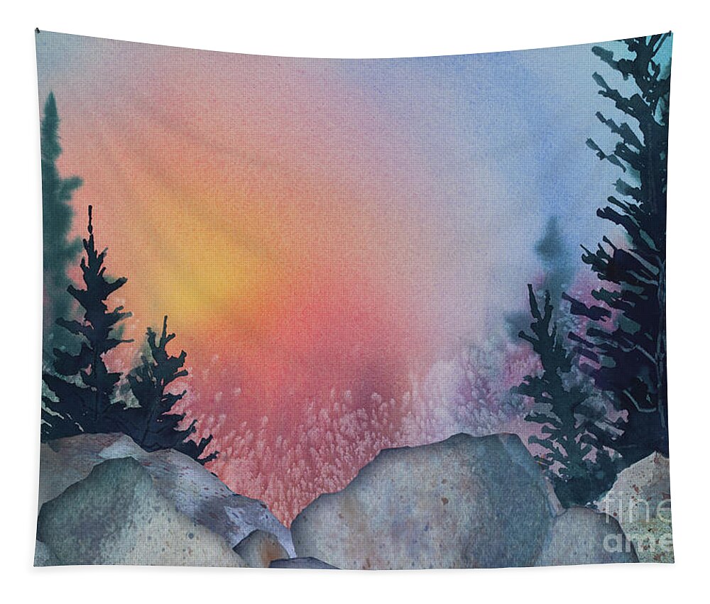 Sunrise Behind Spruce Tapestry featuring the painting Sunrise Behind Spruce by Teresa Ascone