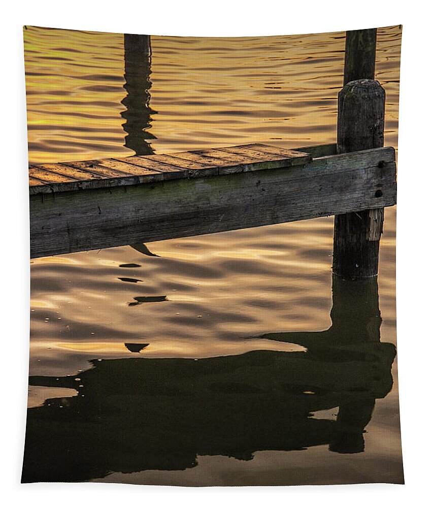 Reflections Tapestry featuring the photograph Sunrise Reflections on the Water by a Boat Dock by Randall Nyhof