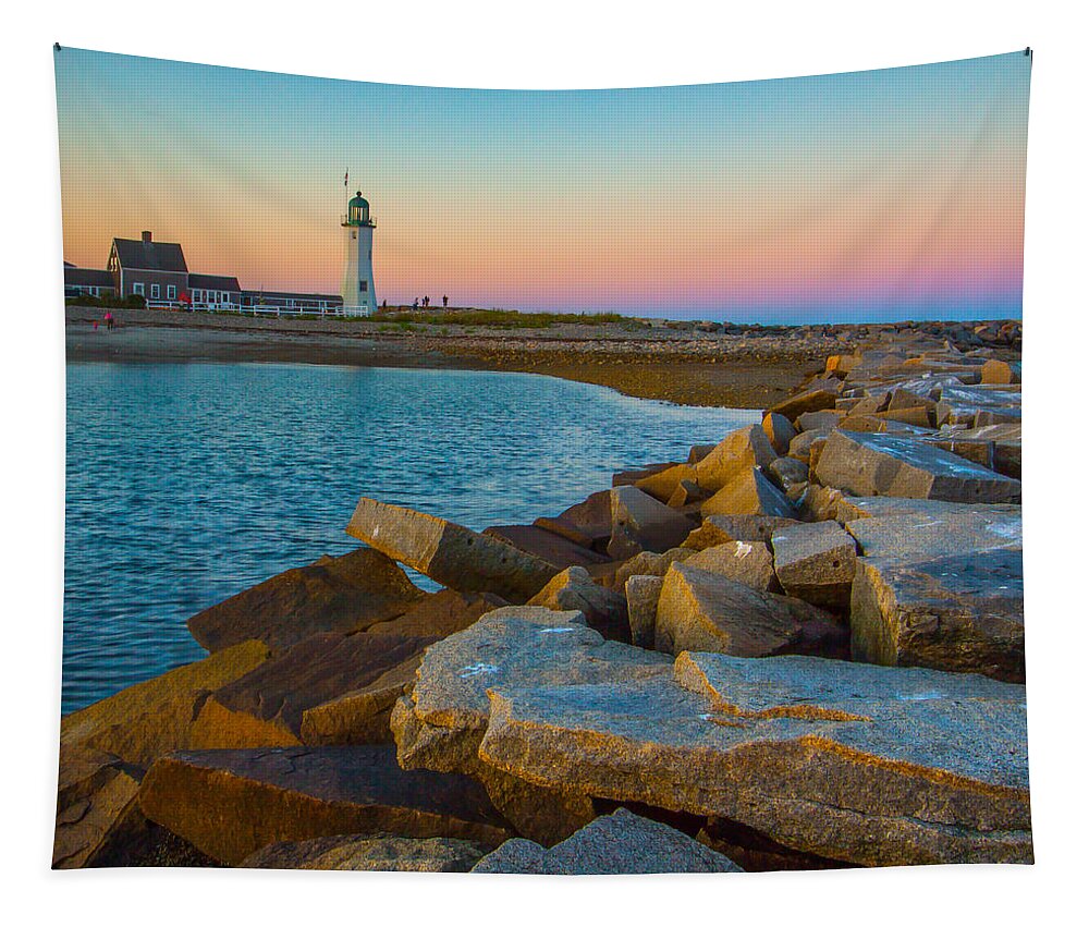 Sunset At Old Scituate Lighthouse Tapestry featuring the photograph Sunset at Old Scituate Lighthouse by Brian MacLean