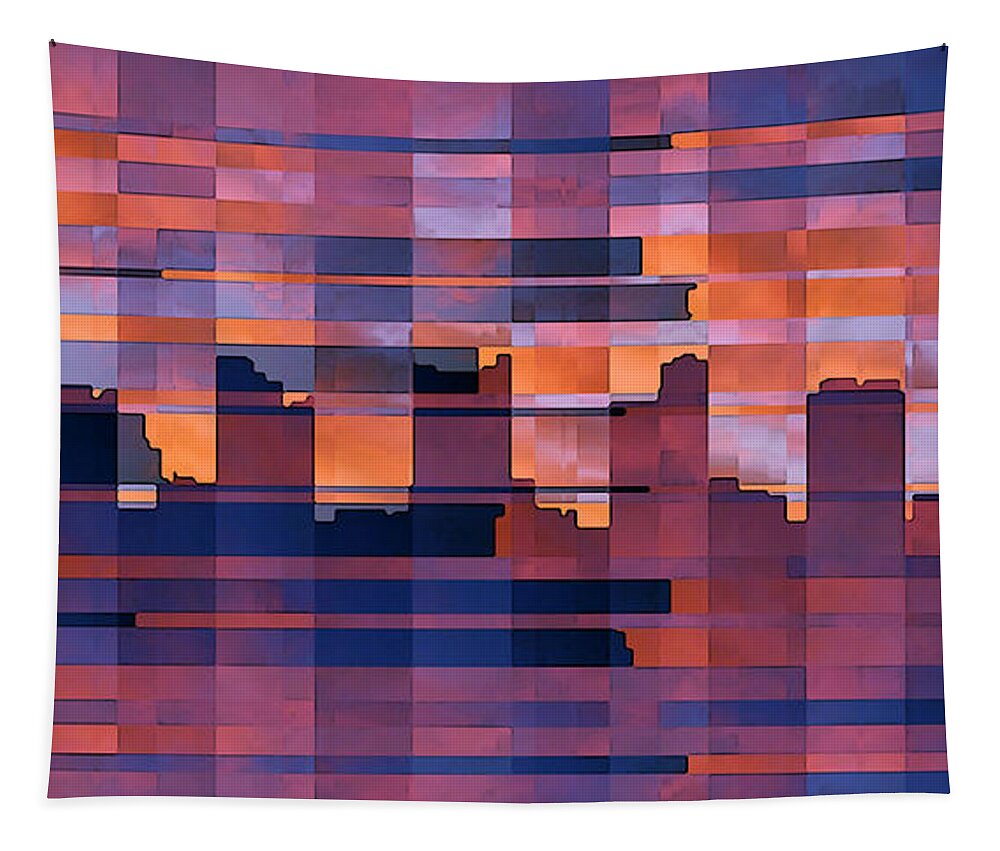Abstract Cityscape Tapestry featuring the digital art Sunset City by Ben and Raisa Gertsberg