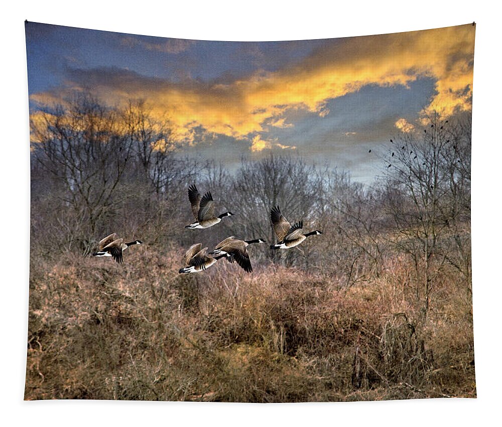Sunset Tapestry featuring the photograph Sunset Geese by Christina Rollo