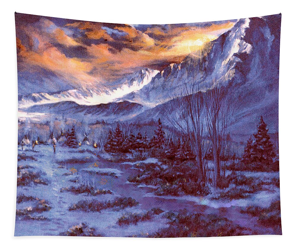 Nature Tapestry featuring the painting Sunset Indian Village by Donna Tucker