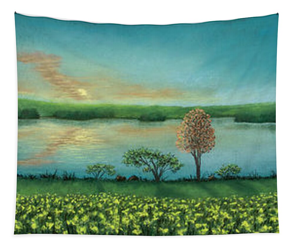 Sunset Tapestry featuring the pastel Sunset Lake Triptych by Michael Heikkinen