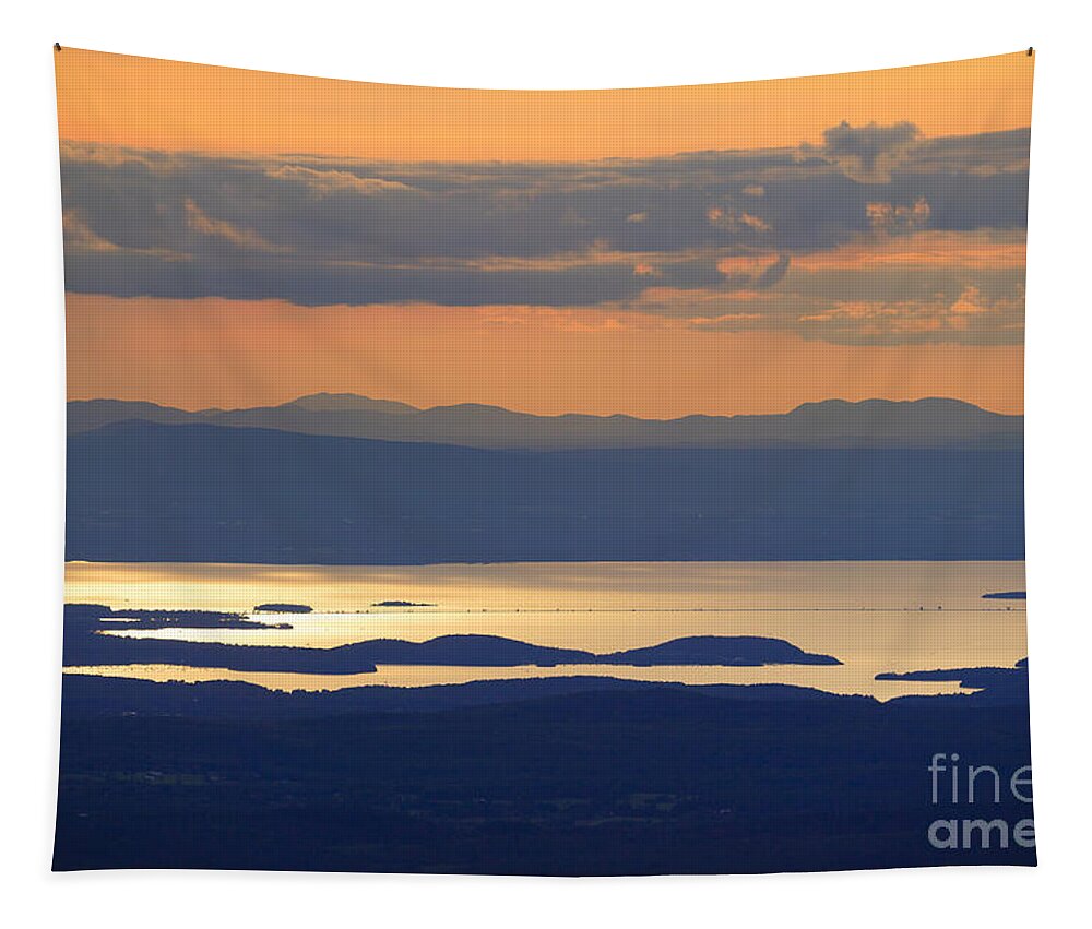 Green Mountains Tapestry featuring the photograph Sunset over Lake Champlain by Don Landwehrle