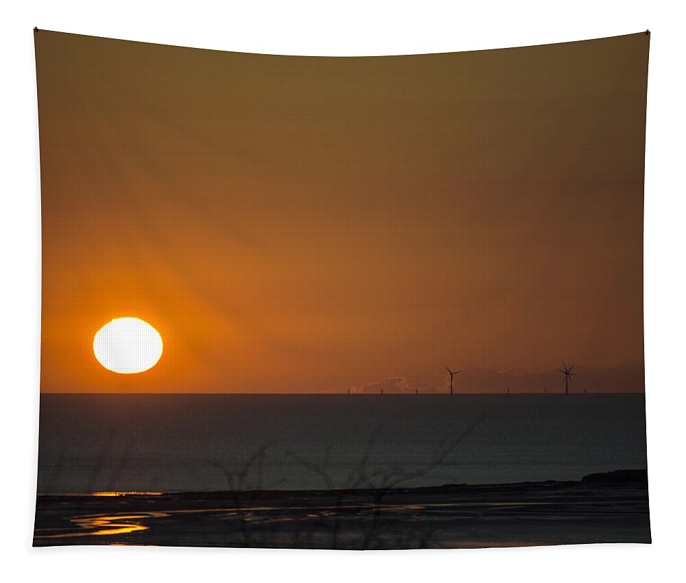 Sun Tapestry featuring the photograph Sunset Over The Windfarm by Spikey Mouse Photography