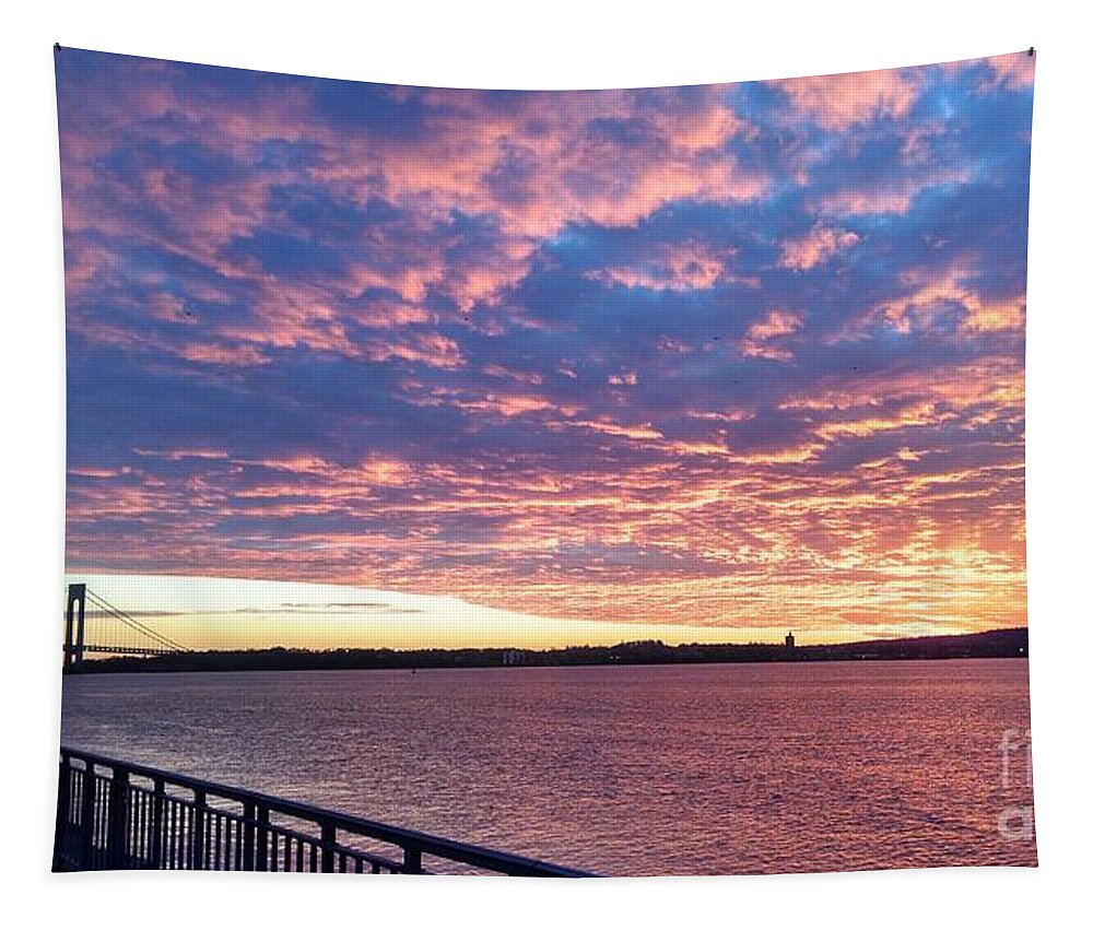 Sunset Over Verrazano Bridge And Narrows Waterway Tapestry featuring the photograph Sunset Over Verrazano Bridge and Narrows Waterway by John Telfer