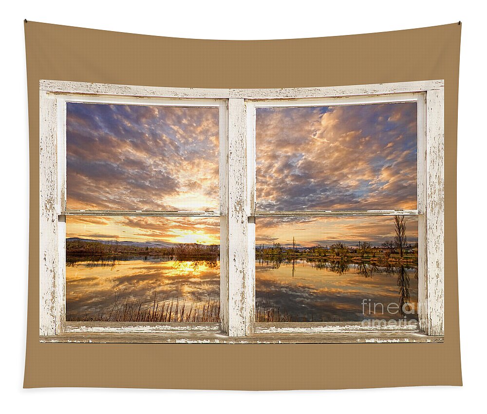 Window Tapestry featuring the photograph Sunset Reflections Golden Ponds 2 White Farm House Rustic Window by James BO Insogna