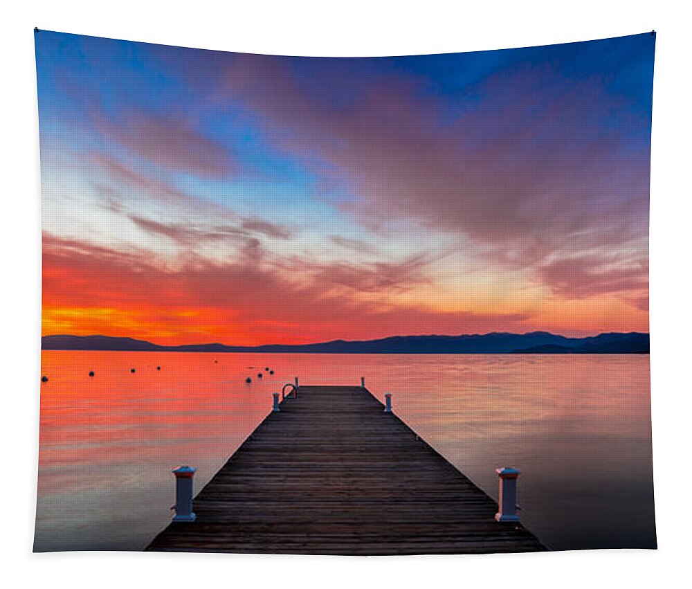 Sunset Sunrise Lake Tahoe California Lake Clear Water Mountain Lake Boat Pier Nevada Yellow Red Blue Reflection Beautiful Evening Peaceful South Lake Tahoe Tapestry featuring the photograph Sunset Walkway by Edgars Erglis