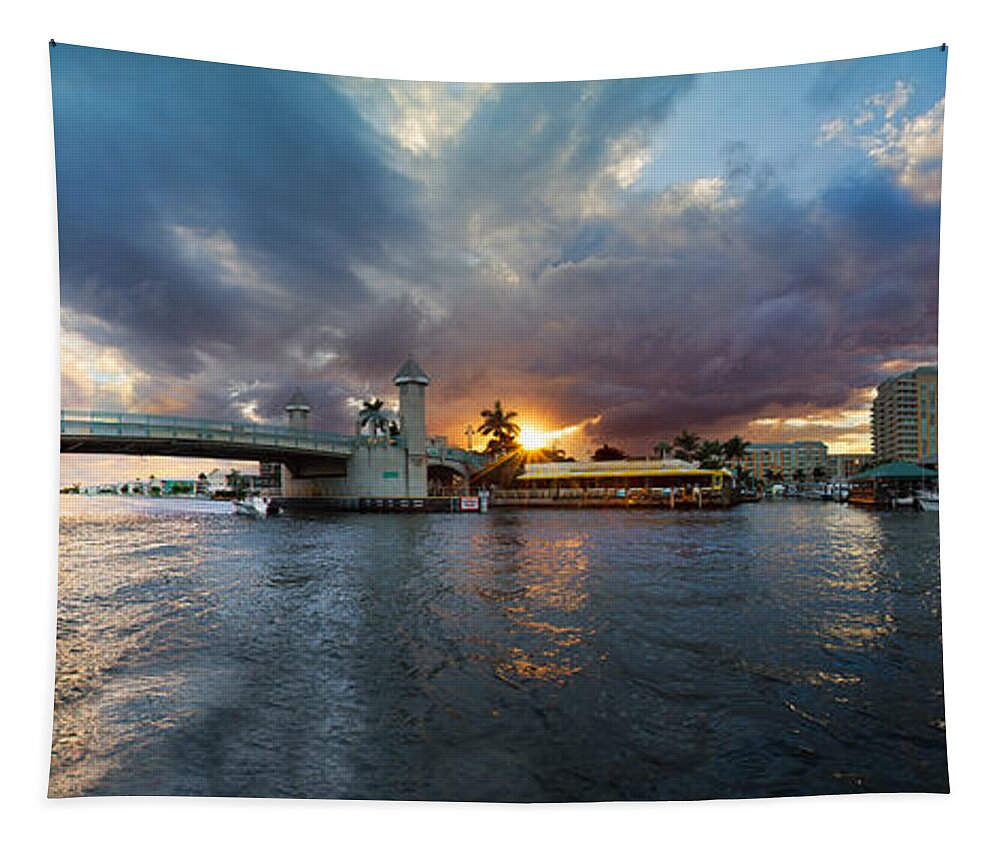 Boats Tapestry featuring the photograph Sunset Waterway Panorama by Debra and Dave Vanderlaan