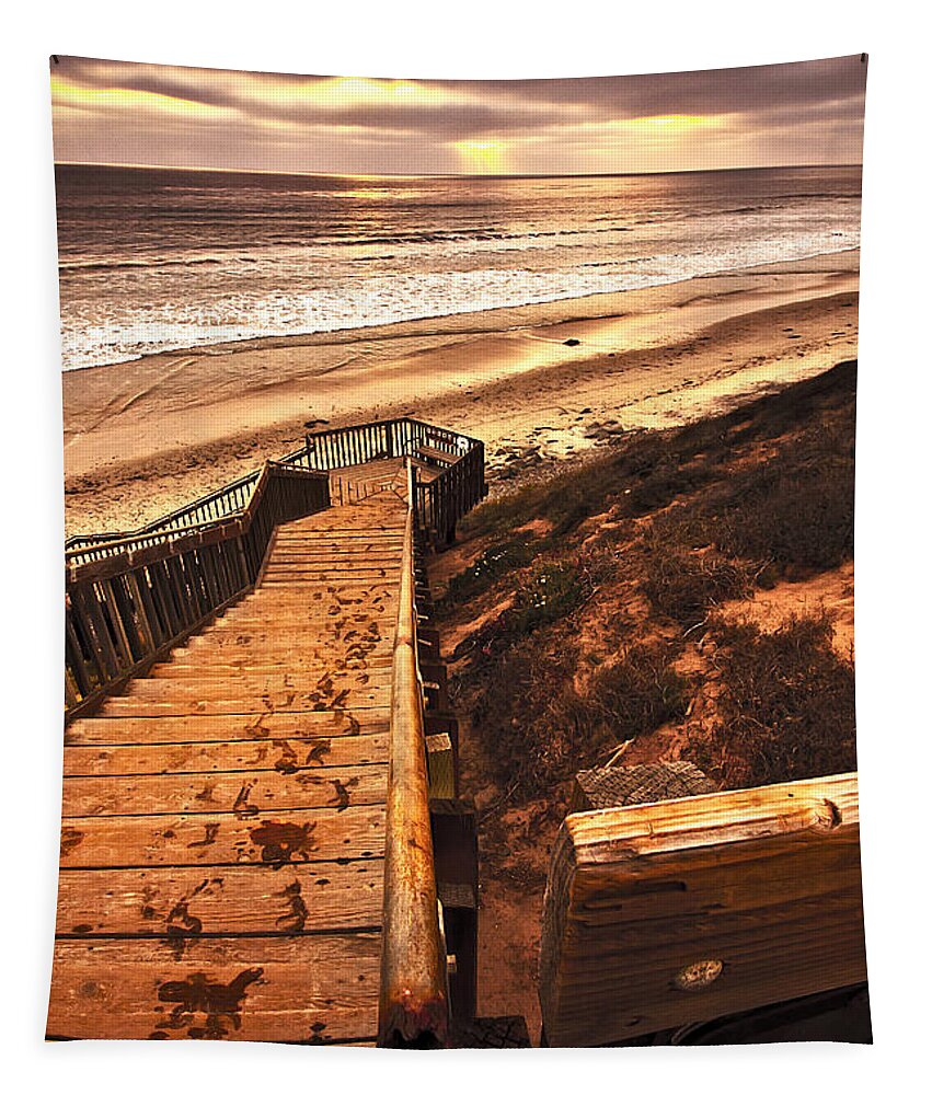 Sunset Beach Steps Photographs Tapestry featuring the photograph Sunset Wooden Stairway To The Beach by Jerry Cowart