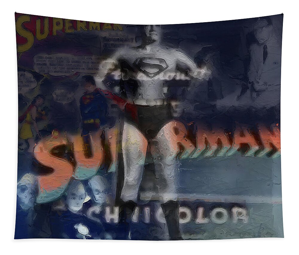 Superman Tapestry featuring the mixed media Superman by Russell Pierce