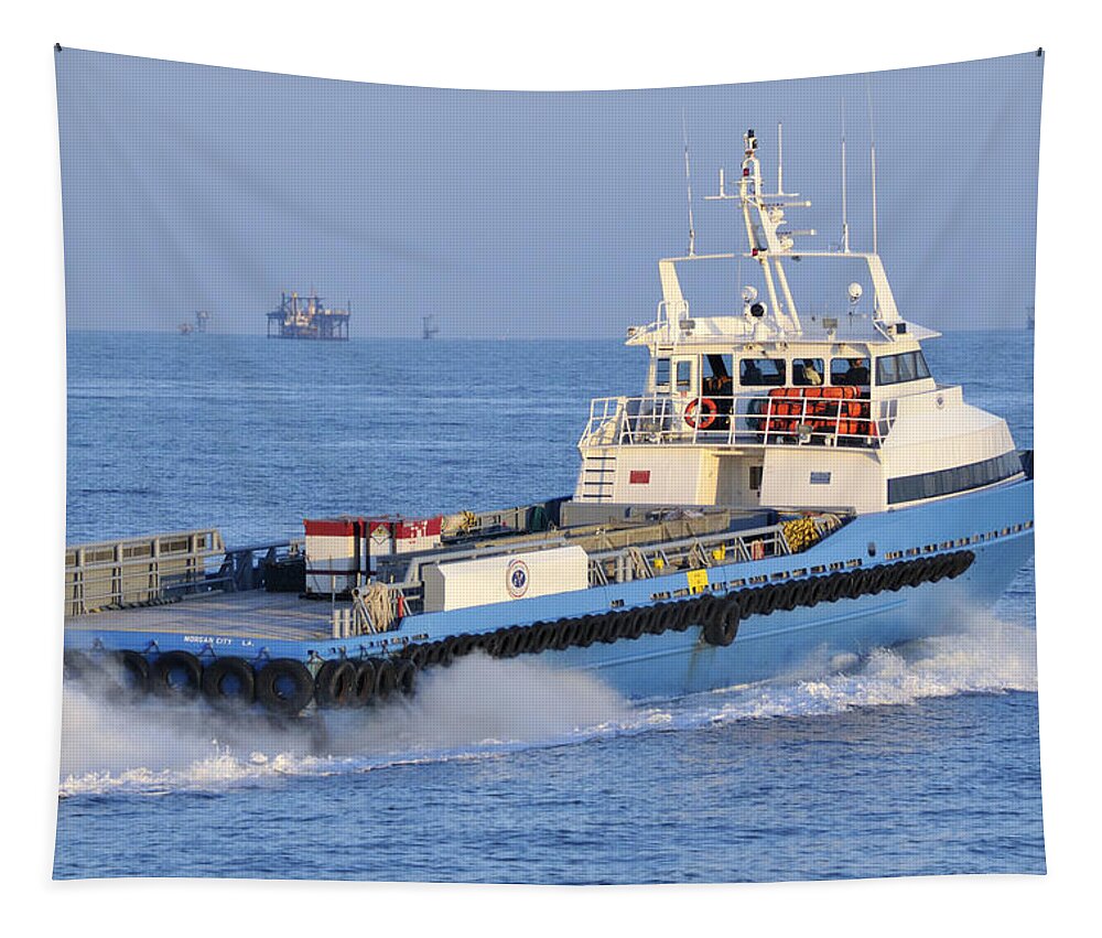 Supply Vessel Tapestry featuring the photograph Supply Vessel heads to sea by Bradford Martin