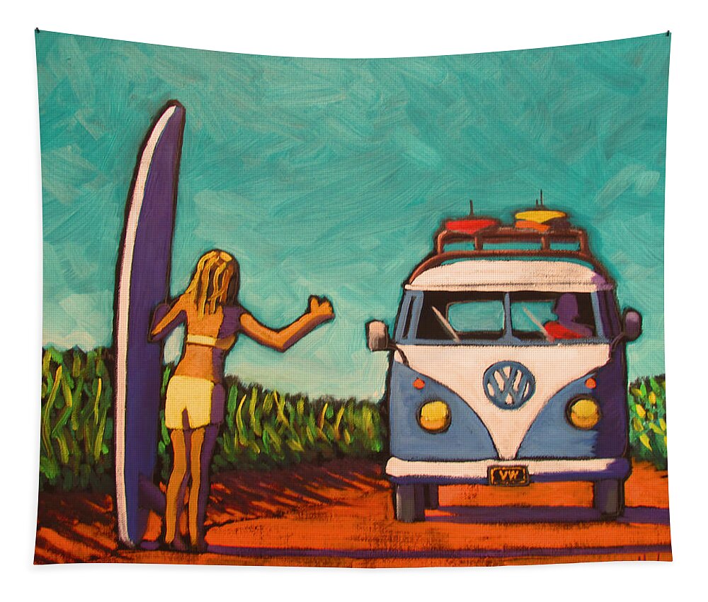 Surf Tapestry featuring the painting Surfer Girl and VW Bus by Kevin Hughes