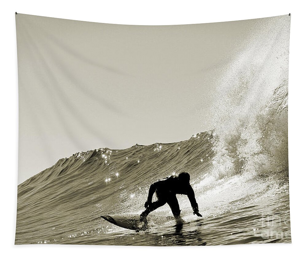 Surfing Tapestry featuring the photograph Surfer Sepia Silhouette by Paul Topp