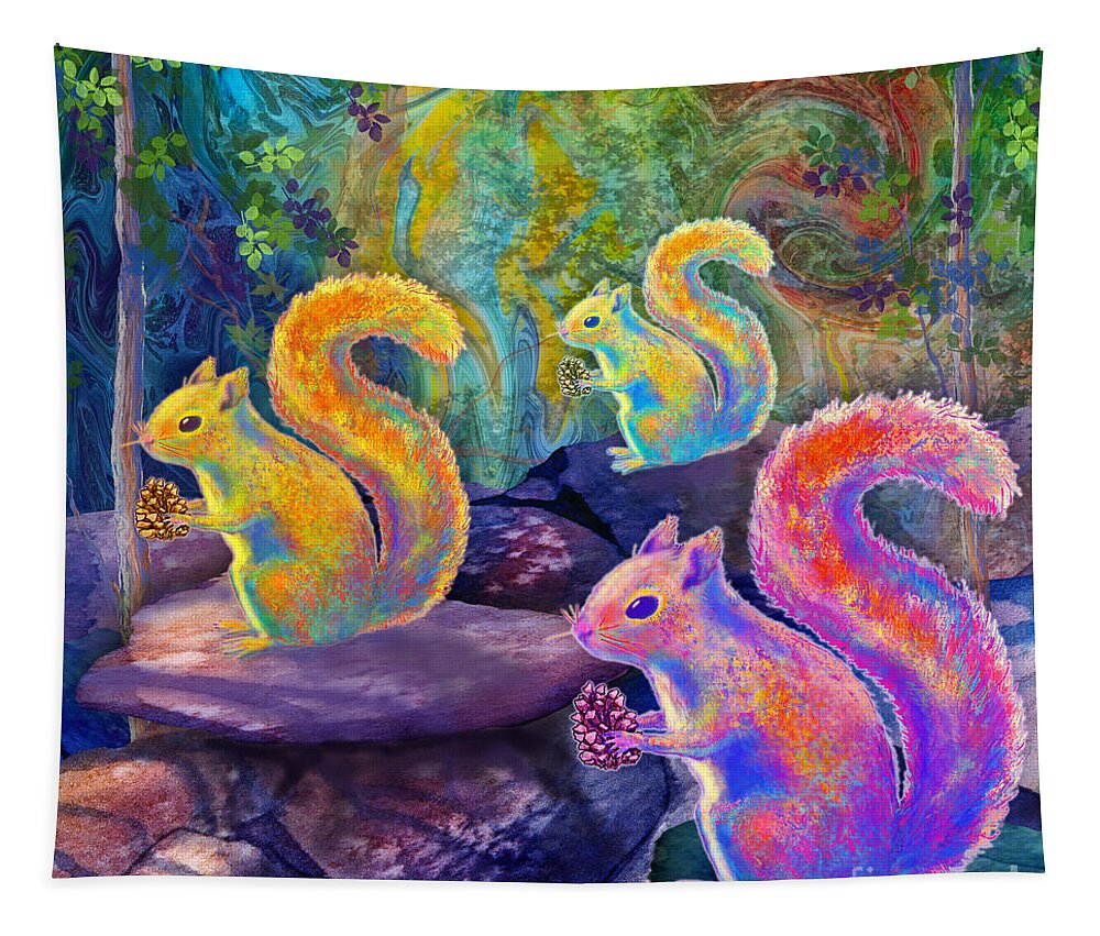 Surreal Squirrels In Square Tapestry featuring the painting Surreal Squirrels in Square by Teresa Ascone