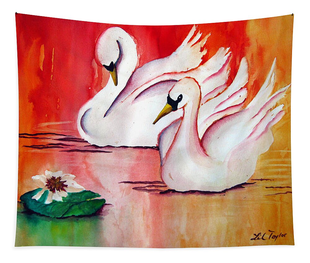 Swans Tapestry featuring the painting Swans in Love by Lil Taylor