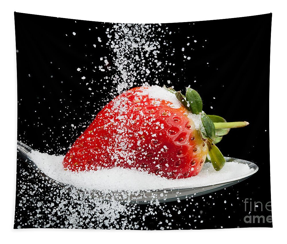 Strawberry Tapestry featuring the photograph Sweet strawberry with sugar granules by Simon Bratt