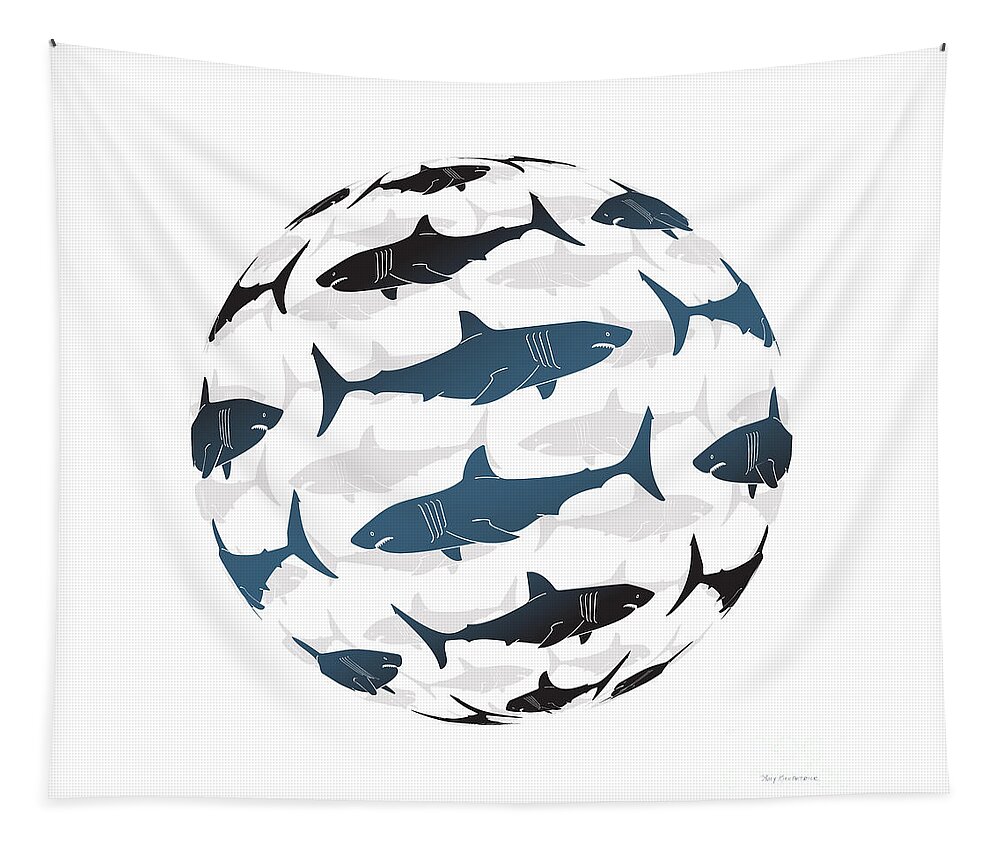 Shark Tapestry featuring the painting Swimming Blue Sharks Around The Globe by Amy Kirkpatrick