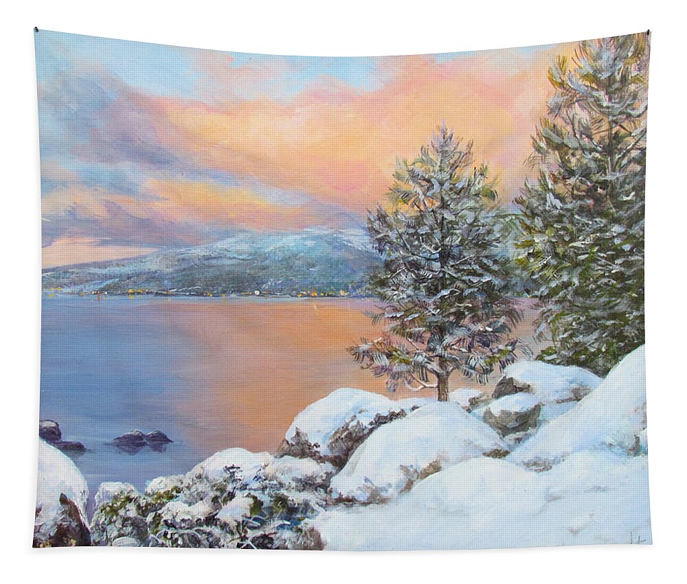 Nature Tapestry featuring the painting Tahoe Winter Colors by Donna Tucker