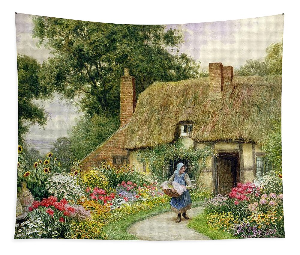 Thatch Tapestry featuring the drawing Taking Out The Washing by Arthur Claude Strachan