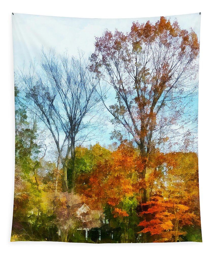 Street Tapestry featuring the photograph Tall Autumn Trees by Susan Savad