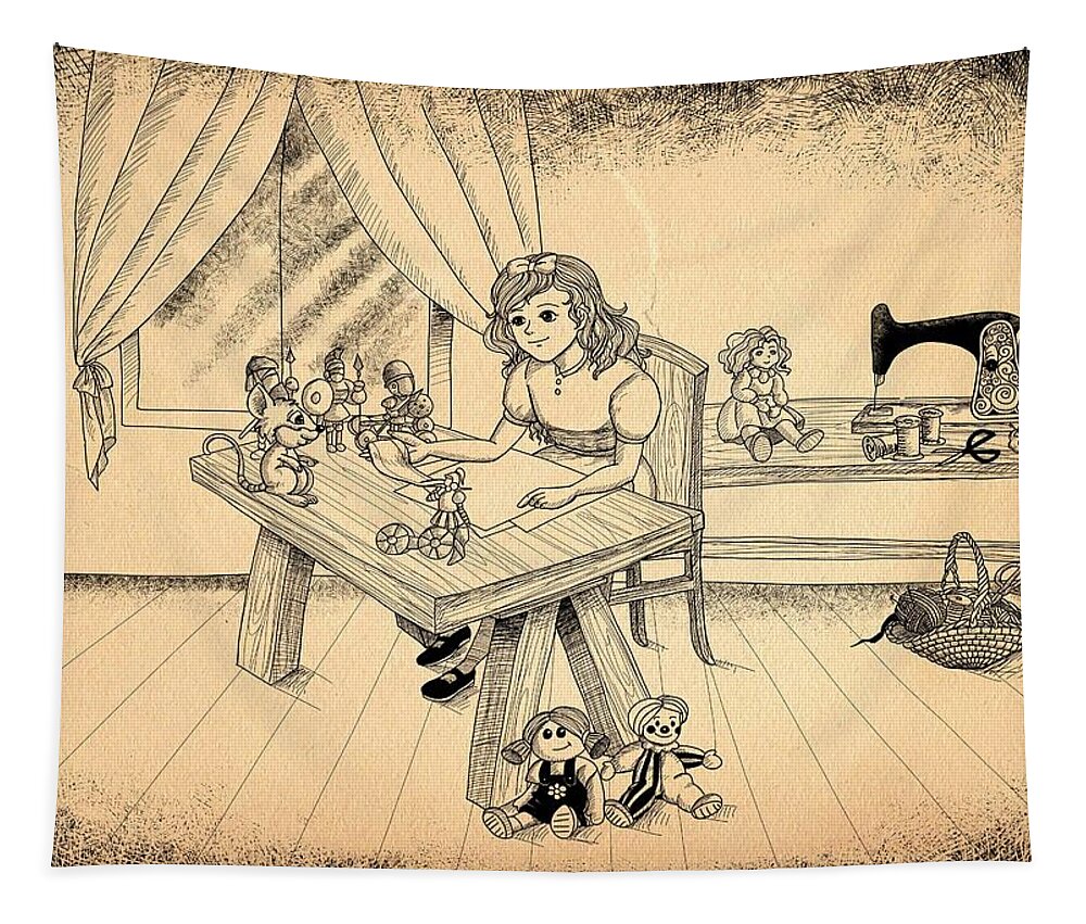 Wurtherington Tapestry featuring the drawing Tammy meets Alfred the Mouse by Reynold Jay